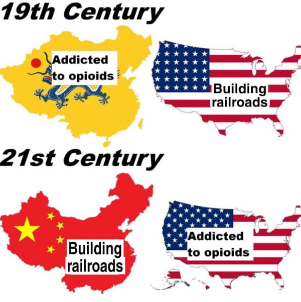 19th Century: Addicted to opioids — Building railroads. 21st Century: Building railroads — Addicted to opioids.