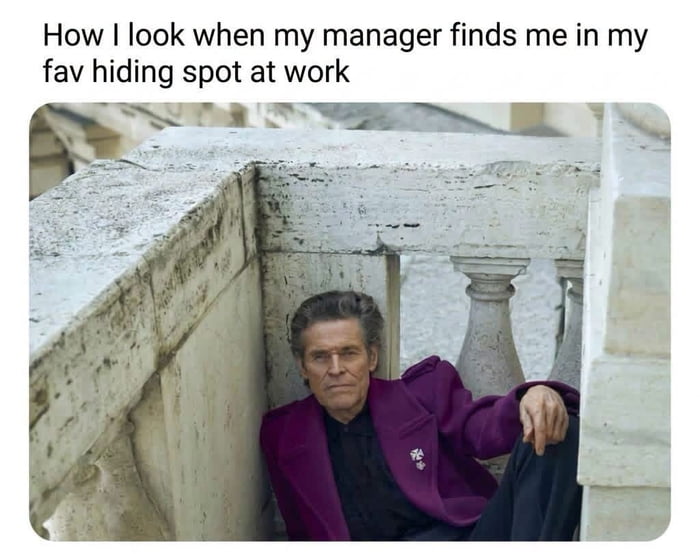 How I look when my manager finds me in my fav hiding spot at work