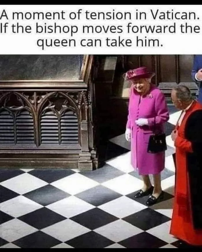 A moment of tension in Vatican. If the bishop moves forward the queen can take him.