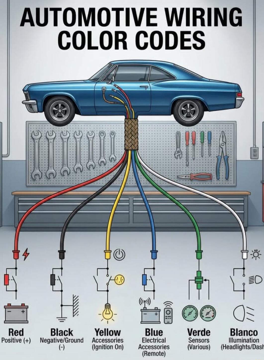 AUTOMOTIVE WIRING COLOR CODES
Red Positive (+)
Black Negative/Ground (-)
Yellow Accessories (Ignition On)
Blue Electrical Accessories (Remote)
Verde Green (Sensors) (Various)
Blanco Illumination (Headlights/Dash)