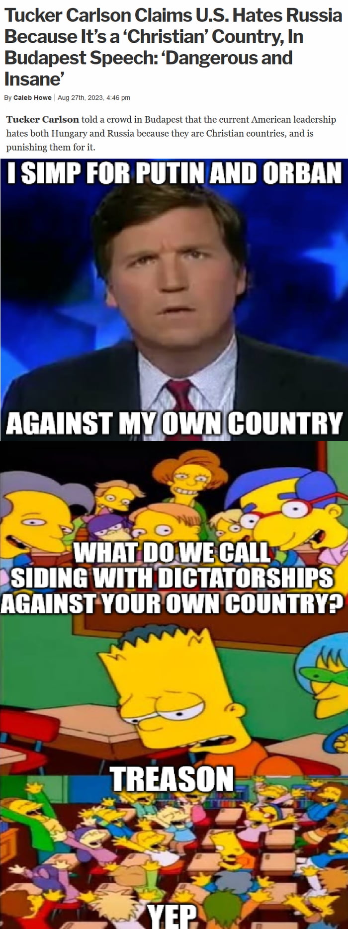 Tucker Carlson Claims US Hates Russia Because Its a Christian Country In Budapest Speech Dangerous and 1 SIMP FOR PUTIN lllllllllllll e AGAINSTM 24 i LS WHATDOWE mm 4y SIIIIHII LU IIIGIIIOIISIlIIS AGAINSTYOUROWNCOUNTRY EAs_ 3