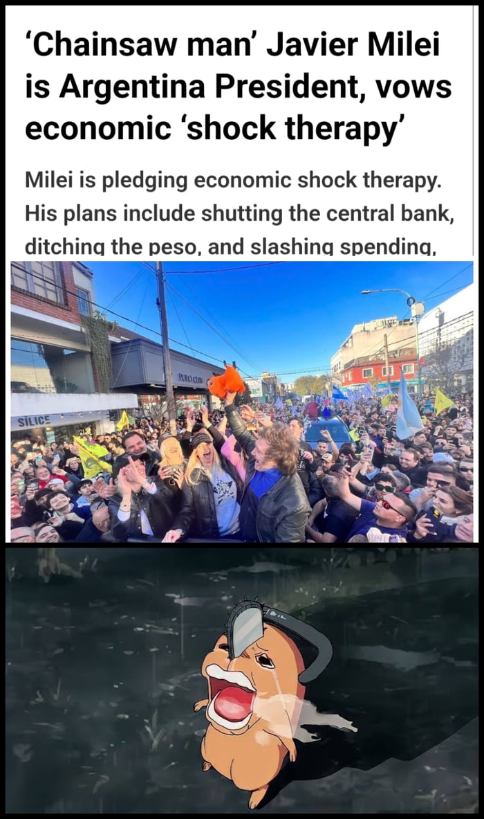 Chainsaw man Javier Milei is Argentina President vows economic shock therapy Milei is pledging economic shock therapy His plans include shutting the central bank ditching the peso and slashina spendina