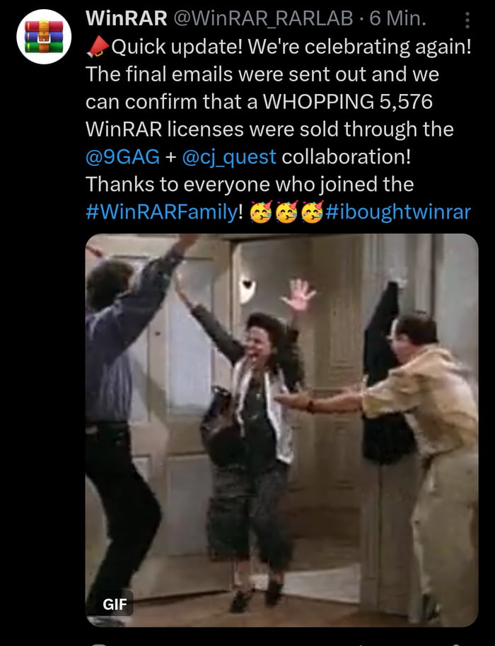 WinRAR WinRAR_RARLAB 6 Min Quick update Were celebrating again LENLEE BRI E L AV can confirm that a WHOPPING 5576 WIinRAR licenses were sold through the GEler e RGN N ElIIE I Thanks to everyone who joined the WinRARFamily iboughtwinrar