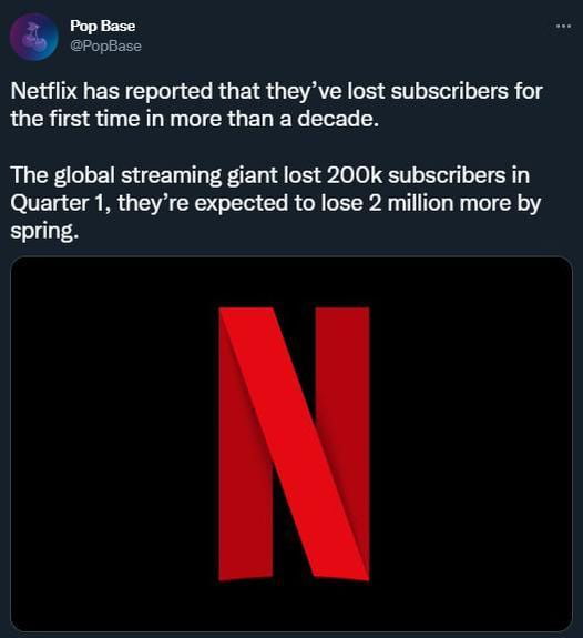 Pop Base PopBase Netflix has reported that theyve lost subscribers for the first time in more than a decade The global streaming giant lost 200k subscribers in Quarter 1 theyre expected to lose 2 million more by spring