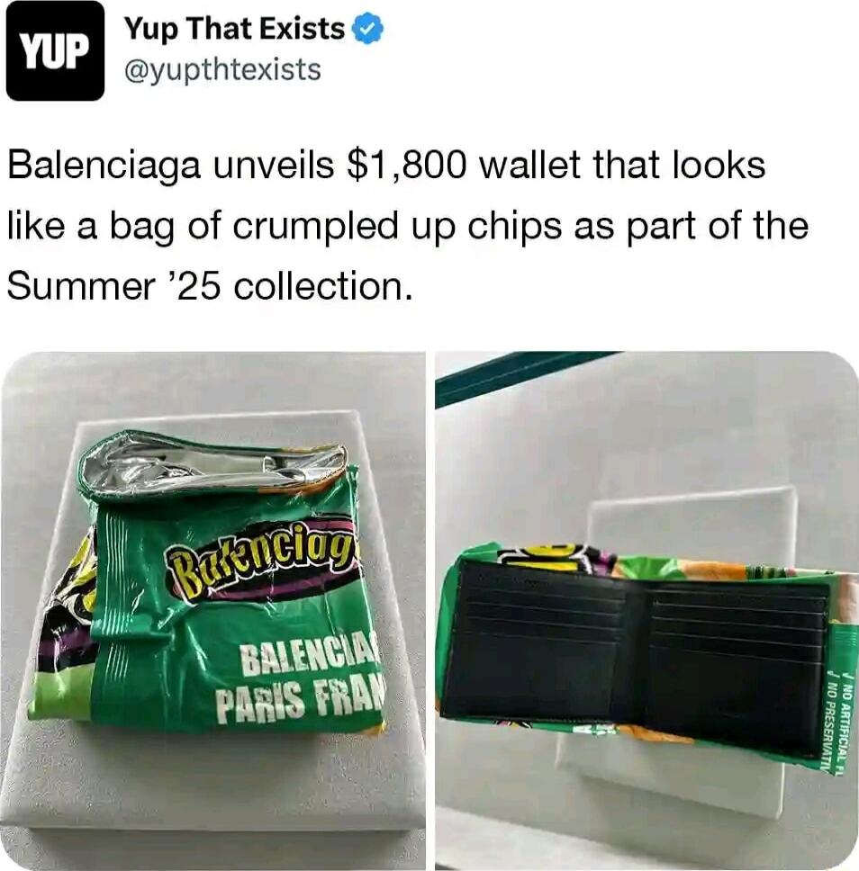 Yup That Exists yupthtexists Balenciaga unveils 1800 wallet that looks like a bag of crumpled up chips as part of the Summer 25 collection