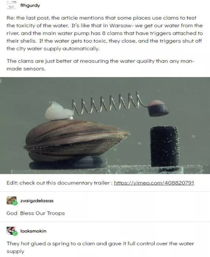 fihgurdy Re the last post the article mentions that some places use clams to test the toxicity of the water Its like that in Warsaw we get our water from the river and the main water pump has 8 clams that have triggers attached to their shells If the water gets too toxic they close and the triggers shut off the city water supply automatically The clams are just better at measuring the water qualit