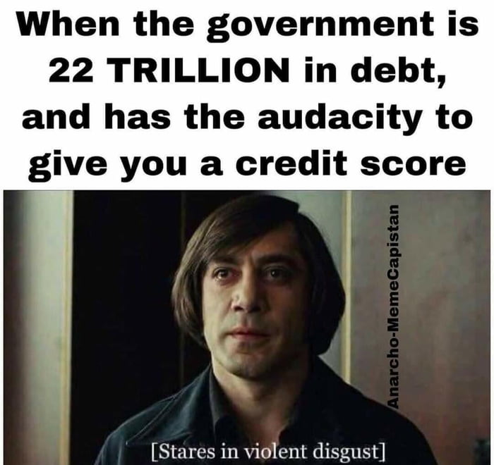 When the government is 22 TRILLION in debt and has the audacity to give you a credit score Stares in violent disgust