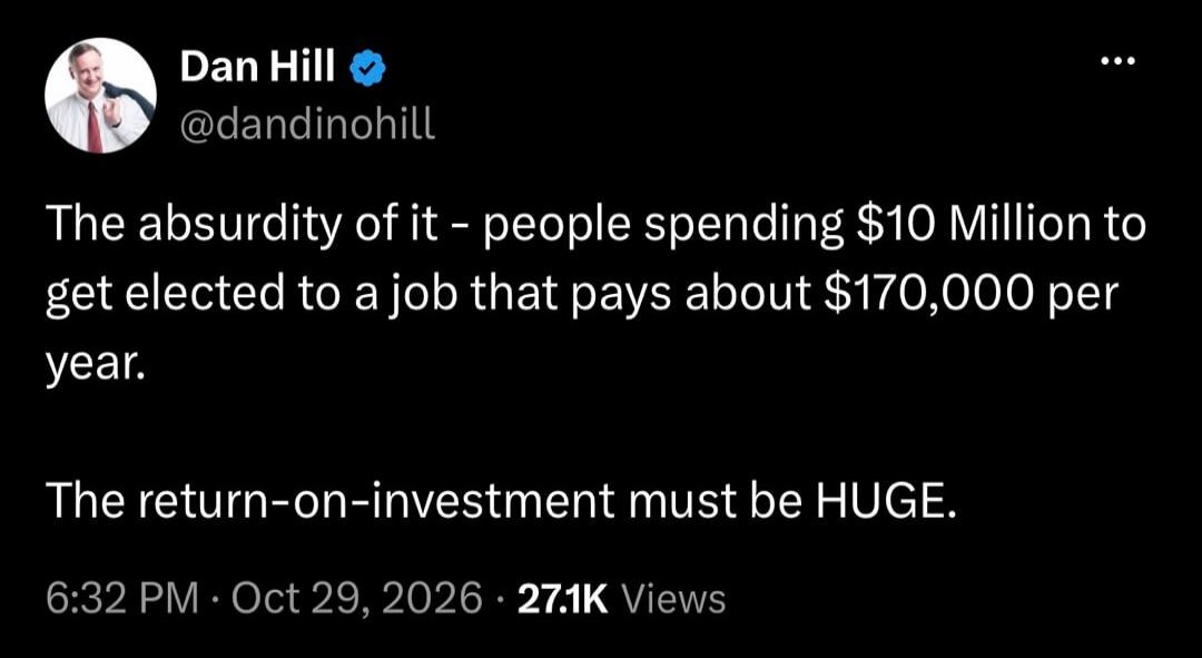 Dan Hill @dandinohill The absurdity of it - people spending $10 Million to get elected to a job that pays about $170,000 per year. The return-on-investment must be HUGE. 6:32 PM - Oct 29, 2026 - 27.1K Views