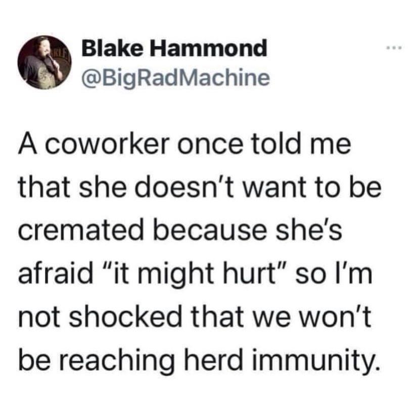 Blake Hammond BigRadMachine A coworker once told me that she doesnt want to be cremated because shes afraid it might hurt so Im not shocked that we wont be reaching herd immunity