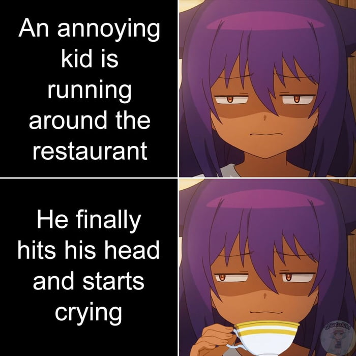 An annoying kid is running around the restaurant. He finally hits his head and starts crying.