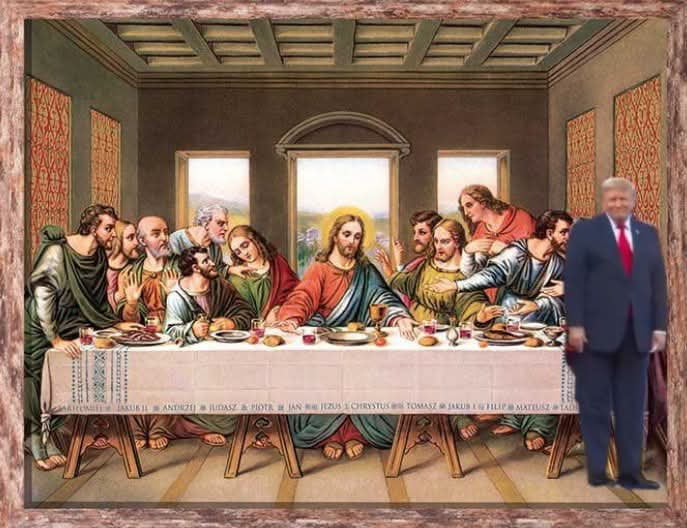 The Last Supper painting with Donald Trump standing next to the table. Names of apostles are visible on the tablecloth.