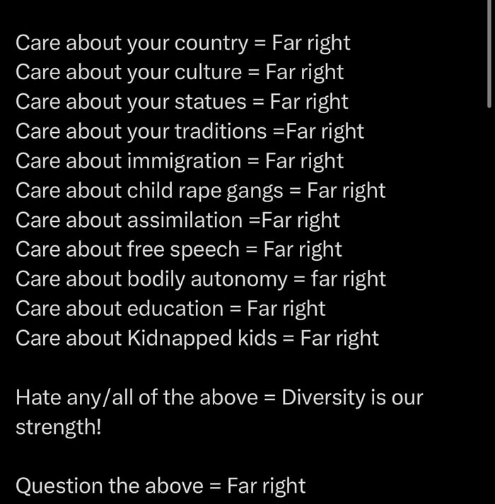 Care about your country Far right Care about your culture Far right Care about your statues Far right Care about your traditions Far right Care about immigration Far right Care about child rape gangs Far right Care about assimilation Far right Care about free speech Far right Care about bodily autonomy far right Care about education Far right Care about Kidnapped kids Far right Hate anyall of the 