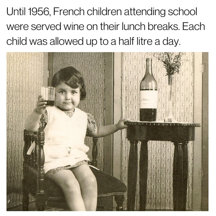 Until 1956 French children attending school were served wine on their lunch breaks Each child was allowed up to a half litre a day