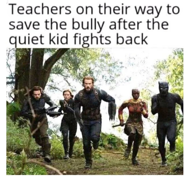 Teachers on their way to save the bully after the quiet kid flghts back