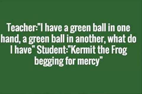 Teacherl have a green ball in one hand a green ball in another what do have StudentKermit the Frog begging for mercy