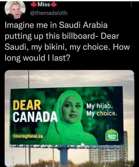 Miss GIGERELRG Imagine me in Saudi Arabia putting up this billboard Dear Saudi my bikini my choice How long would last 3 My hijab CANADAl h y LGN SharingHalalca