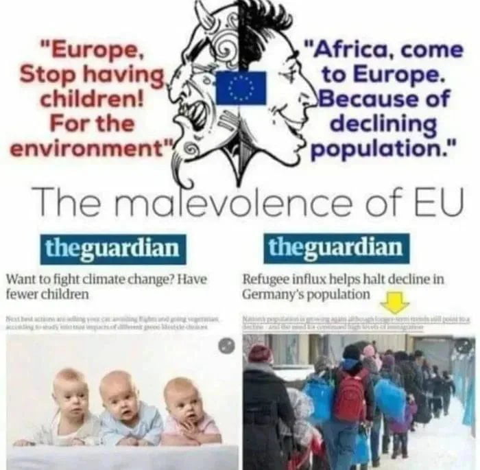 Europe Stop having Africa come to Europe children ecause of For the AN declining environmen population The malevolence of EU Want tc limate changeHave Refugee influx helps halt decline in fewer children Germanys population 3 Q