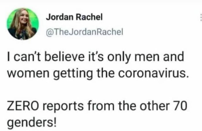 Jordan Rachel ThedJordanRachel cant believe its only men and women getting the coronavirus ZERO reports from the other 70 genders