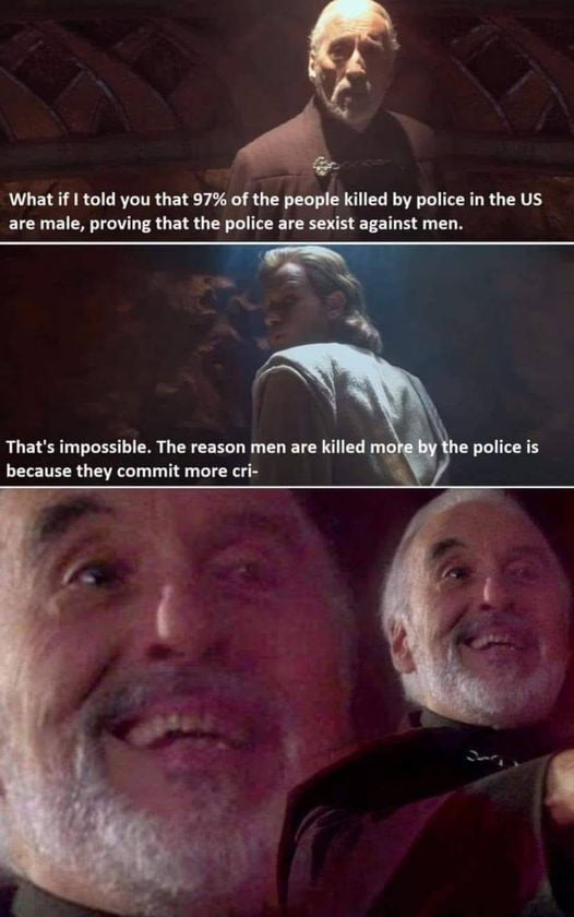 What if I told you that 97 of the people killed by police in the US are male proving that the police are sexist against men Thats impossible The reason men are killed m because they commit more cri b