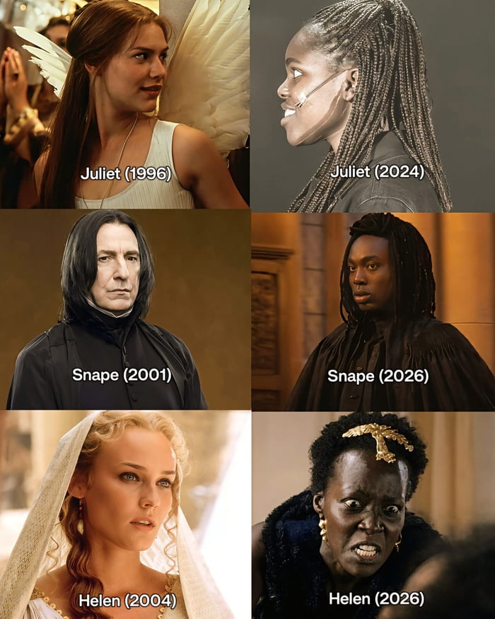 Juliet (1996), Juliet (2024), Snape (2001), Snape (2026), Helen (2004), Helen (2026)