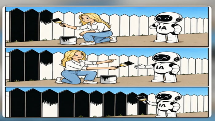 A woman is painting a white picket fence black. A small robot with 'IA' on its chest observes her. The woman offers the paint brush to the robot, who accepts it. The robot then takes over the task and finishes painting the fence black.