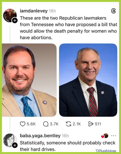 These are the two Republican lawmakers from Tennessee who have proposed a bill that would allow the death penalty for women who have abortions. Statistically, someone should probably check their hard drives.