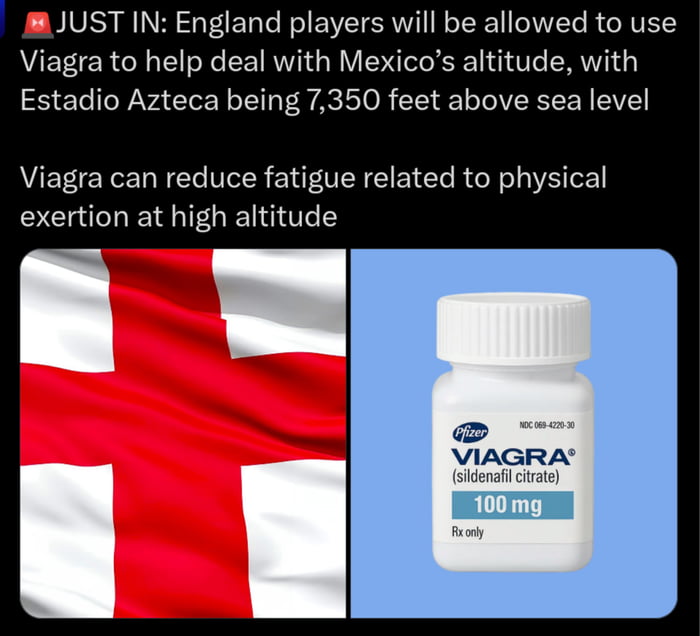 JUST IN: England players will be allowed to use Viagra to help deal with Mexico's altitude, with Estadio Azteca being 7,350 feet above sea level. Viagra can reduce fatigue related to physical exertion at high altitude.