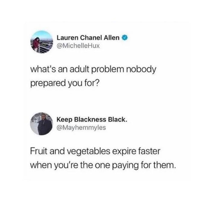 __ Lauren Chanel Allen MichelleHux whats an adult problem nobody prepared you for Keep Blackness Black Mayhemmyles Fruit and vegetables expire faster when youre the one paying for them
