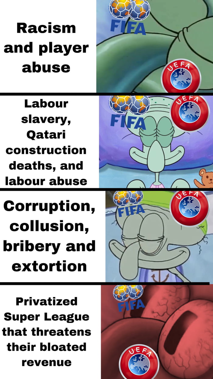 Racism and player abuse Labour slavery Qatari construction deaths and labour abuse Corruption collusion bribery and extortion Privatized Super League that threatens their bloated revenue