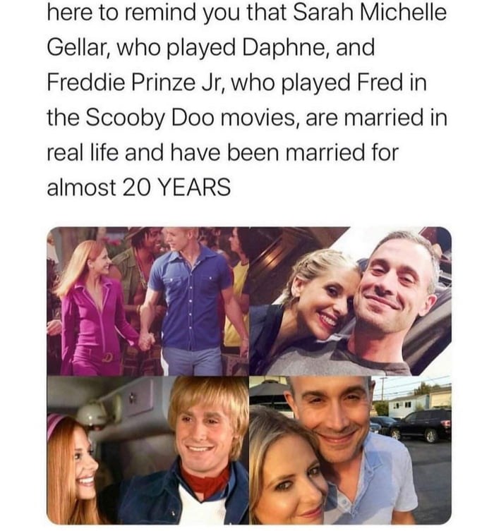 here to remind you that Sarah Michelle Gellar who played Daphne and Freddie Prinze Jr who played Fred in the Scooby Doo movies are married in real life and have been married for almost 20 YEARS