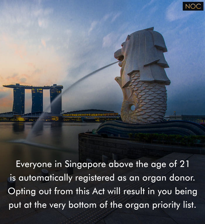 Everyone in Singapore above the age of 21 is automatically registered as an organ donor Opting out from this Act will result in you being 10 801 TRV oV oYel feTg oY TN o o o oW oY gTo 1 AN L1