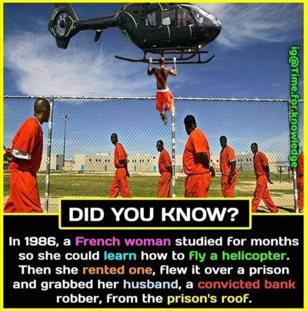 DID YOU KNOW In 1986 a French woman studied For months so she could learn how to fly a helicopter Then she rented one Flew it over a prison ELURTELLEL N TN ITELET T R RS I R SR robber from the prisons roof