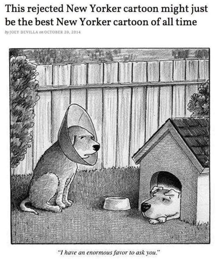 This rejected New Yorker cartoon might just be the best New Yorker cartoon of all time 1 have an enormous favor 10 ask