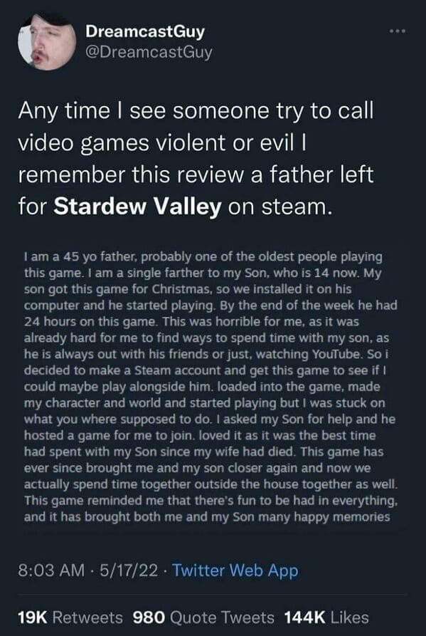 DICELLER N DreamcastGuy Any time see someone try to call video games violent or evil remember this review a father left OIS 1L CVATE SAC RS TN B 1am a 45 yo father probably one of the oldest people piaying this game am a single farther to my Son who is 14 now My s0n got this game for Christmas 50 we installed it on his computer and he started playing 8y the end of the week he had 24 hours on this 