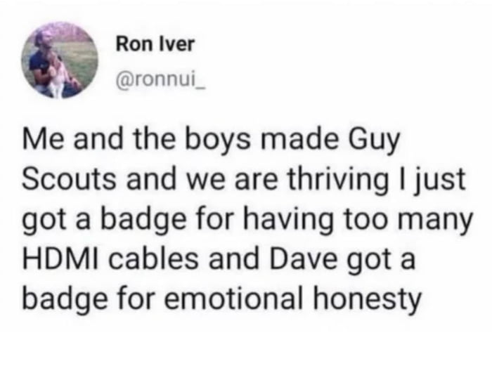 Ron Iver 4 ronnui_ Me and the boys made Guy Scouts and we are thriving just got a badge for having too many HDMI cables and Dave got a badge for emotional honesty