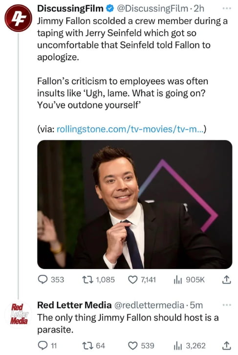 DiscussingFilm DiscussingFilm 2h Jimmy Fallon scolded a crew member during a taping with Jerry Seinfeld which got so uncomfortable that Seinfeld told Fallon to apologize Fallons criticism to employees was often insults like Ugh lame What is going on Youve outdone yourself via rollingstonecomtv moviestv m Qa3 111085 Qw4 li9sk Red Red Letter Media Gredlettermedia 5m e The only thing Jimmy Fallon sho