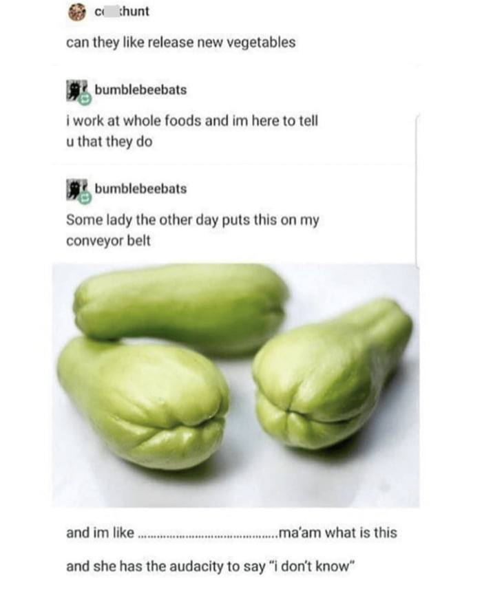 o shunt can they like release new vegetables bumblebeebats Iwork at whole foods and im here to tell uthat they do n bumblebeebats Some lady the other day puts this on my conveyor belt and im like maam what is this and she has the audacity to say I donit know