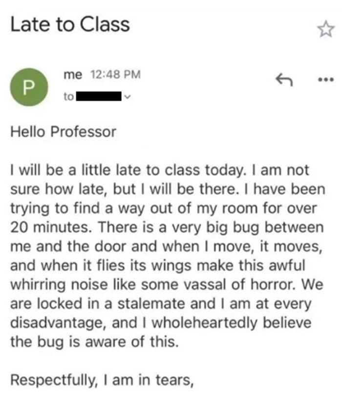 Late to Class g 1248 PI me 1248 PM w0 1o I Hello Professor I will be a little late to class today am not sure how late but will be there have been trying to find a way out of my room for over 20 minutes There is a very big bug between me and the door and when move it moves and when it flies its wings make this awful whirring noise like some vassal of horror We are locked in a stalemate and am at e