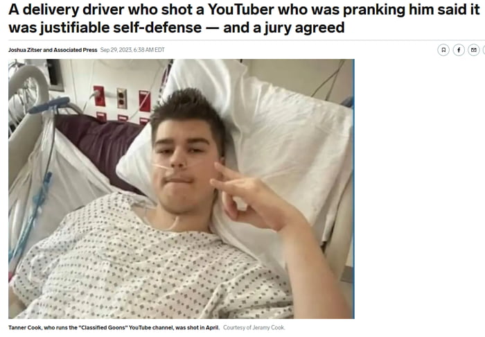 A delivery driver who shot a YouTuber who was pranking him said it was justifiable self defense and a jury agreed