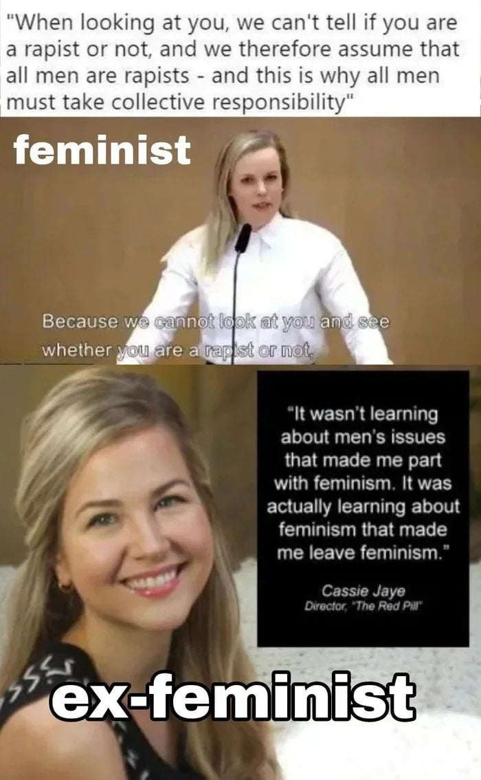 When looking at you we cant tell if you are a rapist or not and we therefore assume that all men are rapists and this is why all men must take collective responsibility LG TS S Ny Because BN gy 5 whether e It wasnt learning about mens issues OE L EL Y ERET ol with feminism It w actually learning about feminism that made me leave feminism