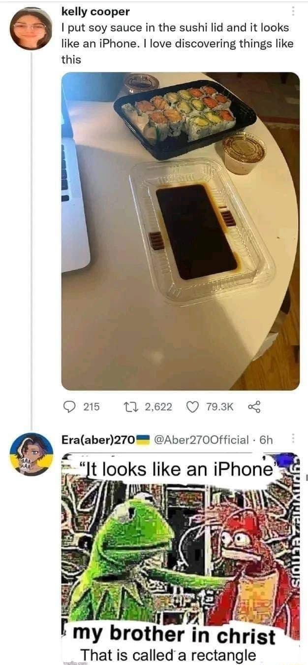 kelly cooper I put soy sauce in the sushi lid and it looks like an iPhone love discovering things like this Q 215 1 2622 Q 793K o Eraaber270 Aber2700fficial 6h 7 B It looks like an lPhon 1 i1 my brother in christ That is called a rectangle