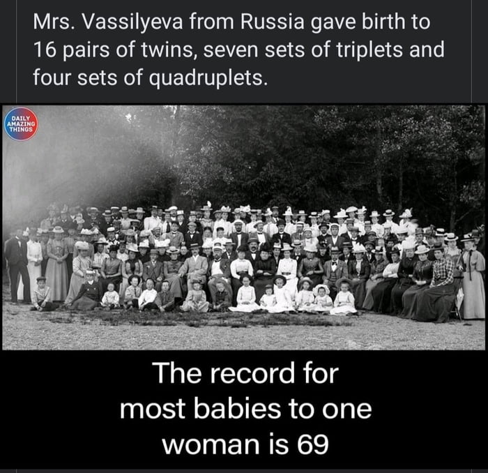 VISR IEVER e TS ER R ol g R te 16 pairs of twins seven sets of triplets and eIV Y e VETa N o T 65 The record for most babies to one woman is 69