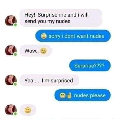 Hey Surprise me and i will send you my nudes Wow Yaa m surprised