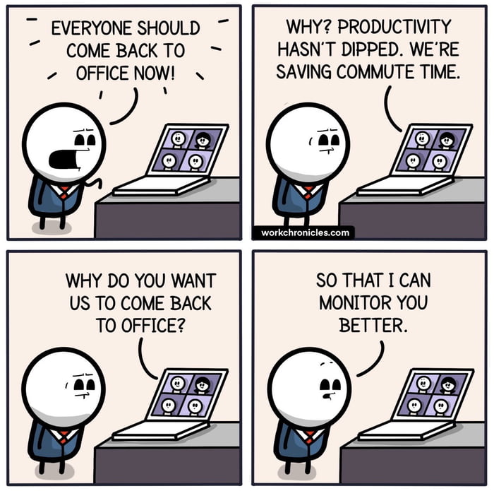 EVERYONE SHOULD WHY PRODUCTIVITY COME BACKTO HASNT DIPPED WERE OFFICENOW SAVING COMMUTE TIME WHY DO YOU WANT SO THAT I CAN US TO COME BACK MONITOR YOU TO OFFICE BETTER