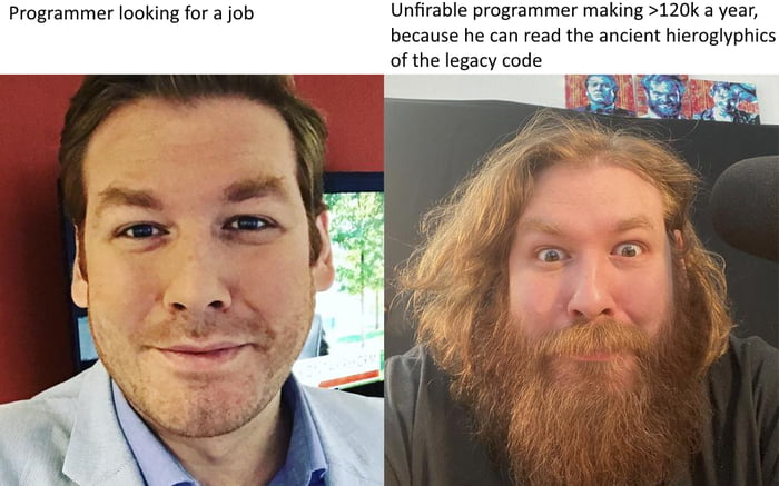 Unfirable programmer making 120k a year because he can read the ancient hieroglyphics of the legacy code Programmer looking for a job