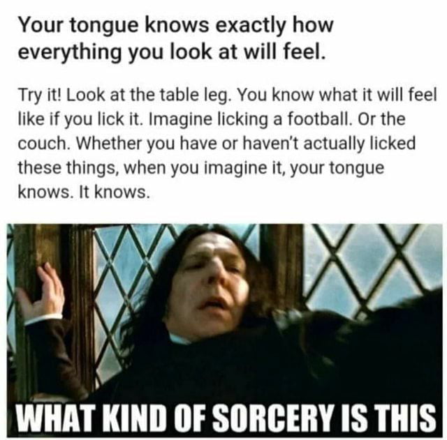 Your tongue knows exactly how everything you look at will feel Try it Look at the table leg You know what it will feel like if you lick it Imagine licking a football Or the couch Whether you have or havent actually licked these things when you imagine it your tongue knows It knows WHAT KIND OF SORCERY IS THIS