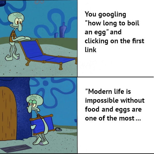 You googling how long to boil an egg and clicking on the first link Modern life is impossible without food and eggs are one of the most