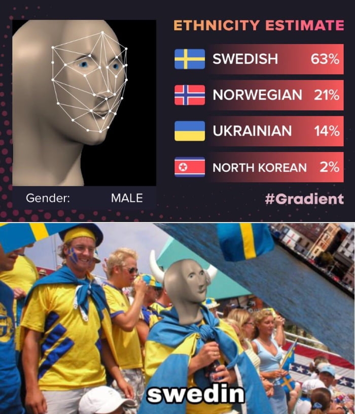 MALE ETHNICITY ESTIMATE SWEDISH 63 2 NORWEGIAN 21 8 UKRAINIAN 14 NORTH KOREAN 2 Gradient