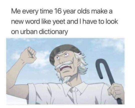 Me every time 16 year olds make a new word like yeet and have to look on urban dictionary
