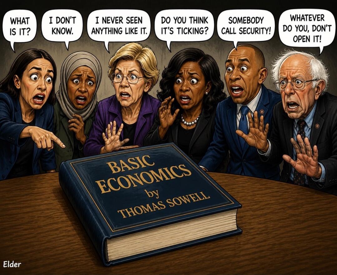 WHAT IS IT? I DON'T KNOW. I NEVER SEEN ANYTHING LIKE IT. DO YOU THINK IT'S TICKING? SOMEBODY CALL SECURITY! WHATEVER DO YOU, DON'T OPEN IT! BASIC ECONOMICS by THOMAS SOWELL